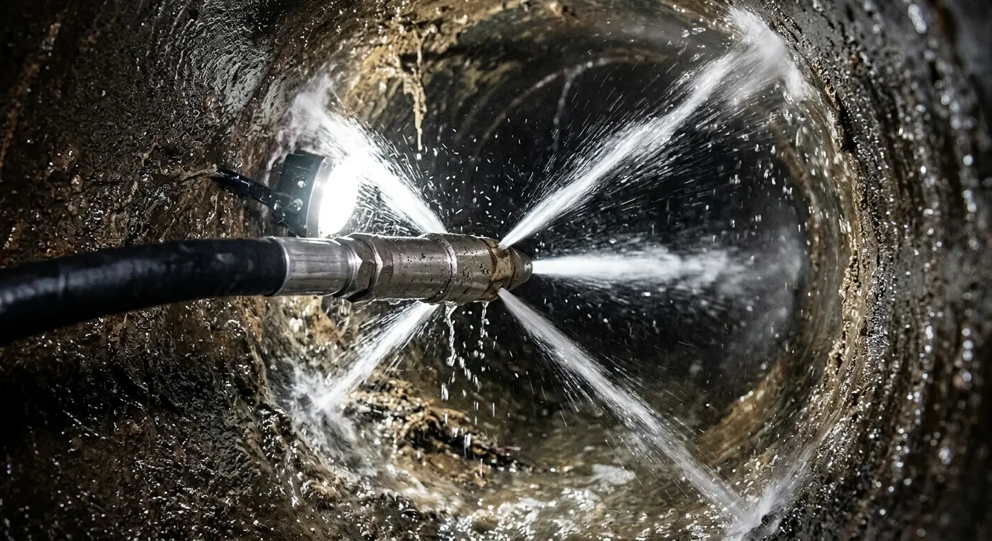 High-pressure hydro jetting nozzle cleaning sewer pipe for Trenchless Sewer Repair in Port St. John