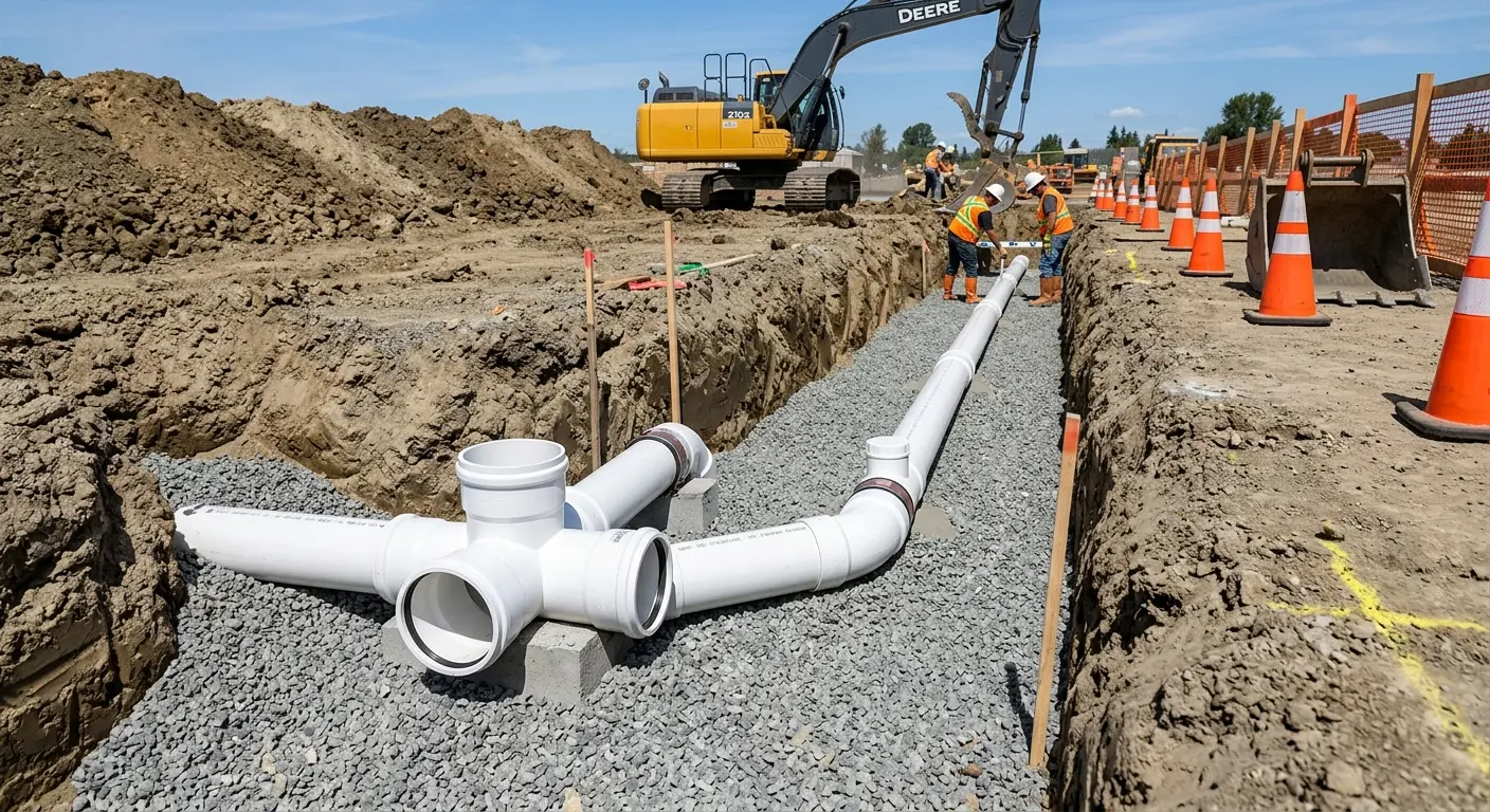 New PVC sewer pipe installation in open trench for Sewer Backup in Port St. John