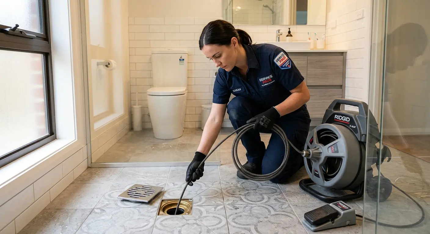Technician clearing a bathroom floor drain for Drain Cleaning in Port St. John